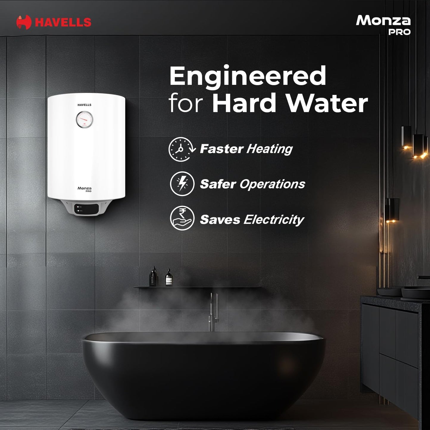 Havells Monza Pro 15L Storage Water Heater(Geyser)|Faster Heating|Safer to use|Saves electricity|Engineered for Hard Water|Endurashield Coated Anti Rust Tank|Whirlflow Technology|High Rise suitable