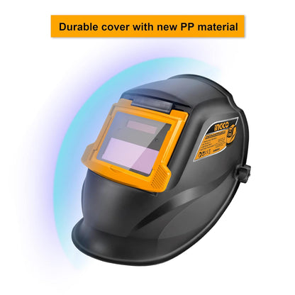 INGCO Auto Darkening Welding Helmet, Solar Powered Welding Mask, 90×35mm | 2 Arc Sensor | 1/5000s Switching time | DIN 16 UV/IR Protection Welding Hood for Welding, Grinding, Cutting and so on