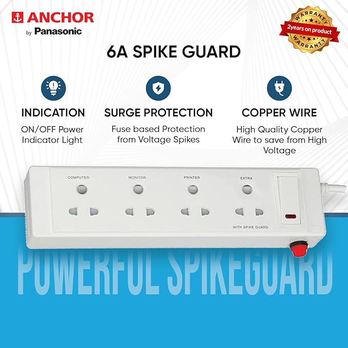 Anchor by Panasonic 20518 Plastic 4 Way Shutter Socket Surge Protector with Single Switch (White)