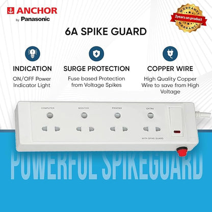 Anchor by Panasonic 20518 Plastic 4 Way Shutter Socket Surge Protector with Single Switch (White)