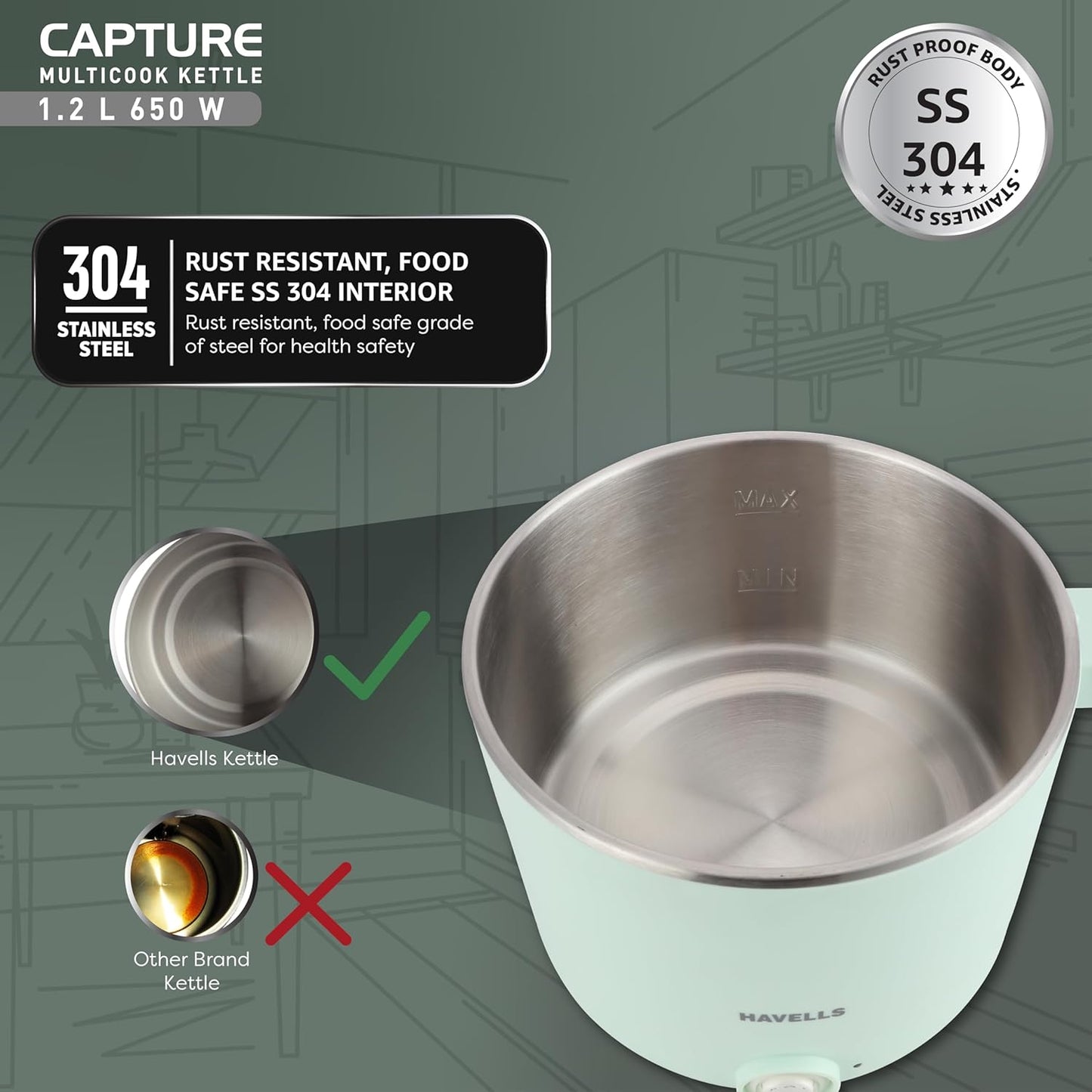 Havells Capture 1.2 L Multi-Cook Electric Kettle with Steamer | 650W |304 Stainless Steel Inner Body|Cooks Noodles, Rice, Milk | Cool-Touch Body | 2 Years Door Step Warranty by Havells (Green)