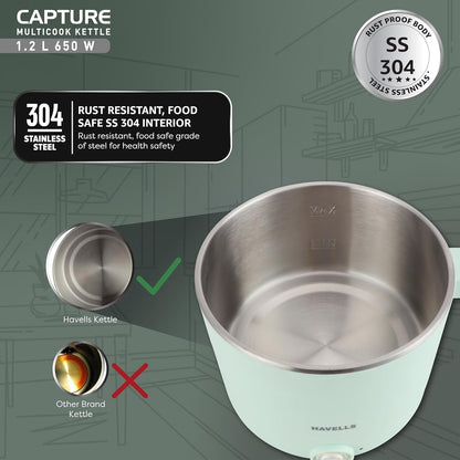 Havells Capture 1.2 L Multi-Cook Electric Kettle with Steamer | 650W |304 Stainless Steel Inner Body|Cooks Noodles, Rice, Milk | Cool-Touch Body | 2 Years Door Step Warranty by Havells (Green)