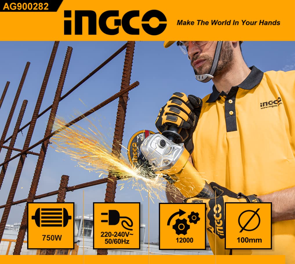 INGCO Angle Grinder, 100mm | 900W | 11000 RPM Power Grinder, Electric Metal Grinder with 1pcs Auxiliary Handle