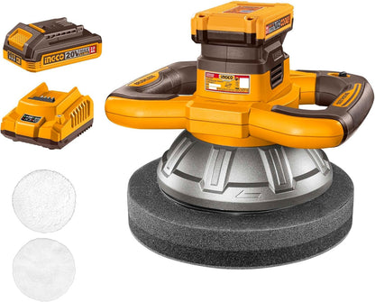 INGCO 20V Cordless Car Polisher And Buffer, Brushless Motor, 2500RPM, 254mm Disc Polisher with 1Pcs 2.0Ah Battery and 1Pcs Charger COPLI2025481
