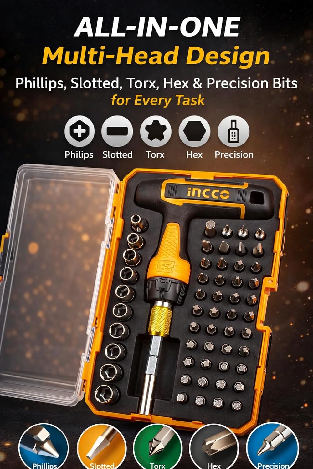 INGCO T-Handle Wrench Screwdriver Set HKSDB0478 M Ratchet Screwdriver Set (Pack of 47)