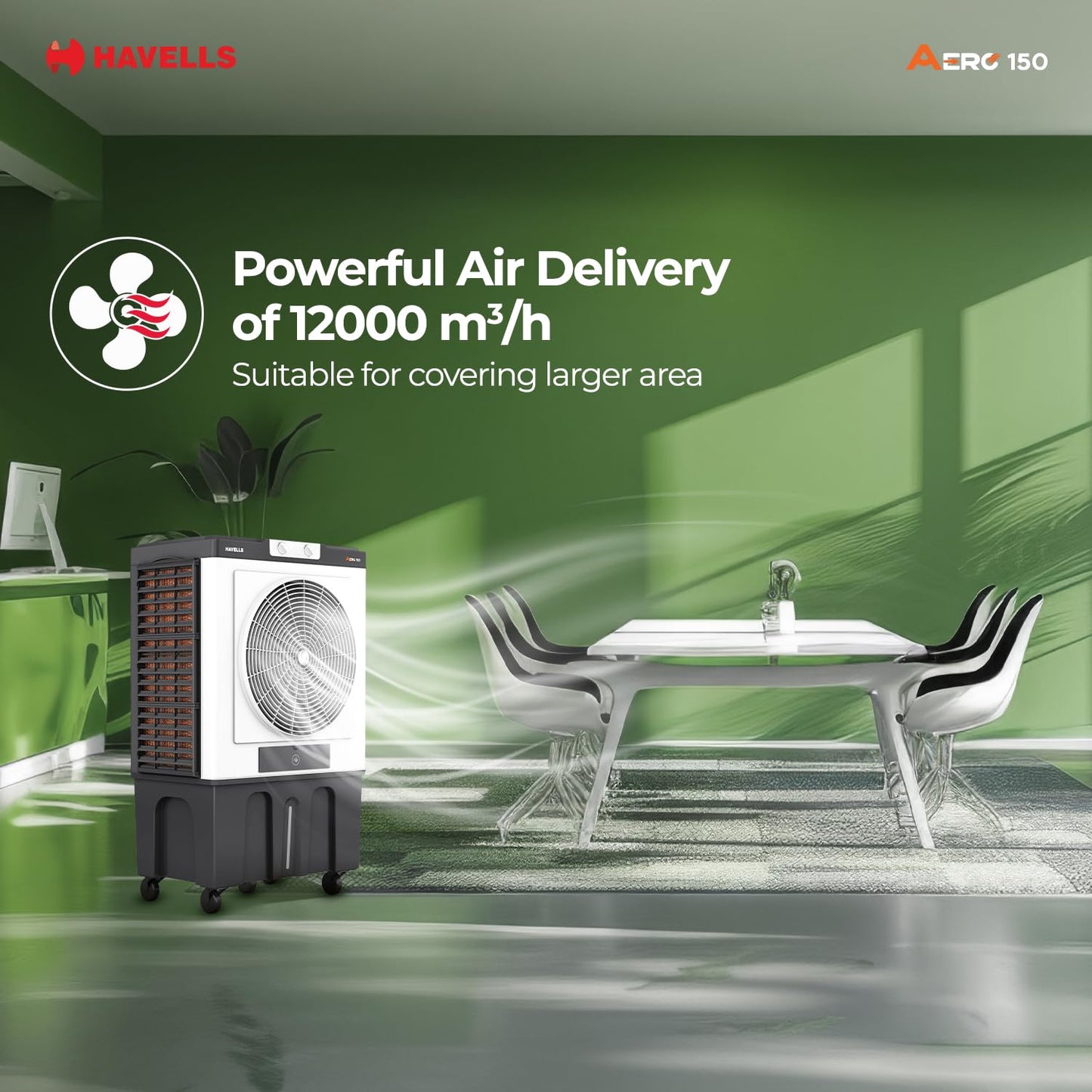 Havells Aero 150 L Premium Commercial Air Cooler| 22" Metal Blade Fan| Powerful Air-Delivery of 12000 m³/h| 3 Side Bacteria Shield Honeycomb Pads| Dust Filter Nets| XXL Ice chamber| Auto fill function
