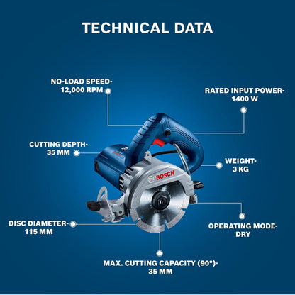 BOSCH Professional GDC 140 Electric Tile Cutter, Electric Tile Cutter with Chuck Wrench, 3kg 100 Grams, Protection Guard & Double Insulation, Low Vibration Tile Cutter, 1 Yr Warranty