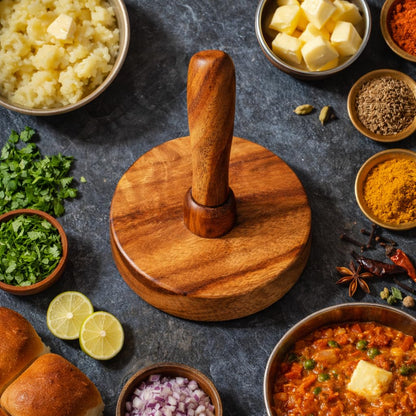 Udaipur Handicrafts  Potato Masher & Roti Presser | Natural Sheesham Wood Pav Bhaji Masher for Vegetables, Paratha & Flatbreads | Multipurpose Kitchen Tool