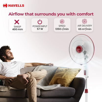 Havells Gatik Pro 400mm Pedestal Fan| 120 Ribs Guard for Safety| Smooth Oscillation| Heavy Base| ISI Marked | 2 Year Warranty | Wine Red
