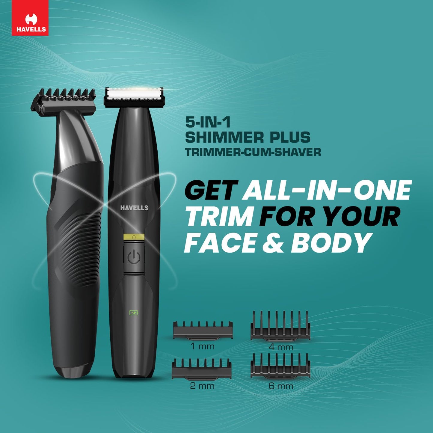 Havells ST8000 Shimmer plus, 5 in 1 rechargeable Dual-Blade Shaver cum Trimmer with 4 Trimming Combs