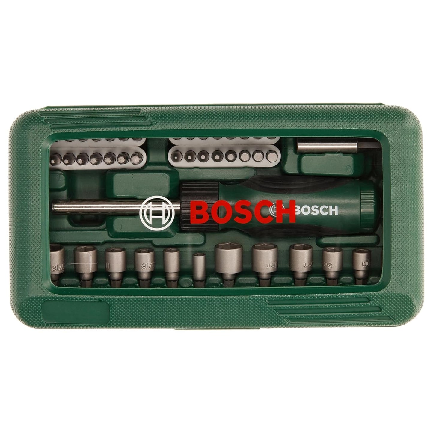 BOSCH 46-Piece Screwdriver Bit Set, 46 Pieces - 32 Screwdriver Bits, Nut-setters in 12 Sizes, Magnetic Universal Holder, Rachet Screwdriver, Green, Hard Case