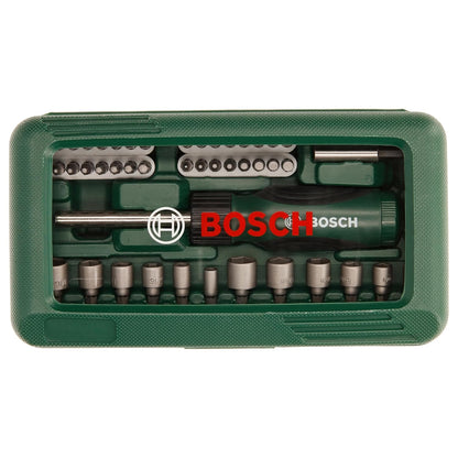 BOSCH 46-Piece Screwdriver Bit Set, 46 Pieces - 32 Screwdriver Bits, Nut-setters in 12 Sizes, Magnetic Universal Holder, Rachet Screwdriver, Green, Hard Case