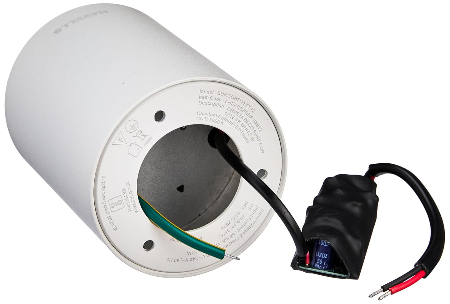 Havells Crysta Deco Surf Cob 12W 3K White W,Led-Spotlights,Energy Efficient,Long Life of 25000 Burning Hours,Beam Angle of 36°,Metal Body Cob with Integrated Driver,Warm White (3000K)