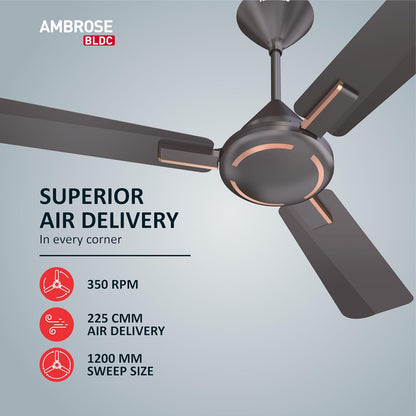 Havells 1200Mm Ambrose Bldc Motor Ceiling Fan|Premium Matt Finish, Decorative Fan, Remote Control, High Air Delivery|5 Stars Rated, Upto 60% Energy Saving, 2 Yr Warranty|(Pack Of 1, Copper)