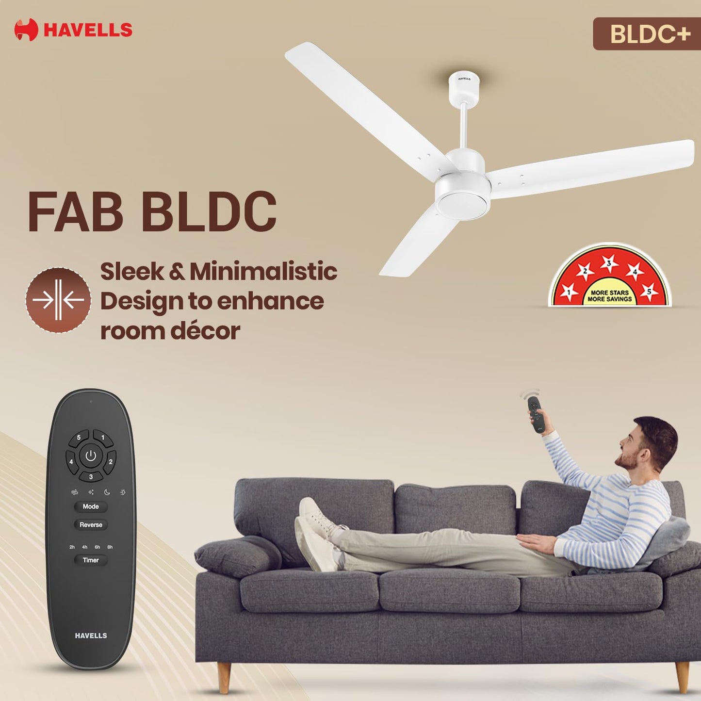 Havells FAB BLDC Ceiling Fan 1200mm, 380 RPM, Savings upto 65%, Reverse Rotation, 4 Modes (Boost, Sleep, Breeze, Mop), Low Wattage 30W, Low Noise, Air Flow:225 CMM, 3 Year Warranty, Elegant White