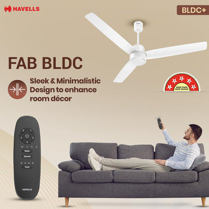 Havells FAB BLDC Ceiling Fan 1200mm, 380 RPM, Savings upto 65%, Reverse Rotation, 4 Modes (Boost, Sleep, Breeze, Mop), Low Wattage 30W, Low Noise, Air Flow:225 CMM, 3 Year Warranty, Elegant White