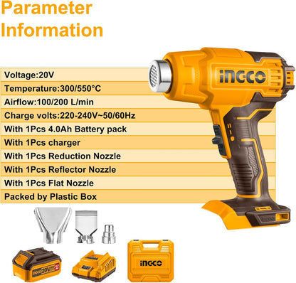 INGCO Cordless Hot Air Gun with 4.0Ah Battery and Charger, Max 1022°F(550°C) 20V Portable Heat Gun Packed by Plastic Box, 3Pcs Nozzle for Pipe Bending, Shrinking, Paint Stripping HGLI20025