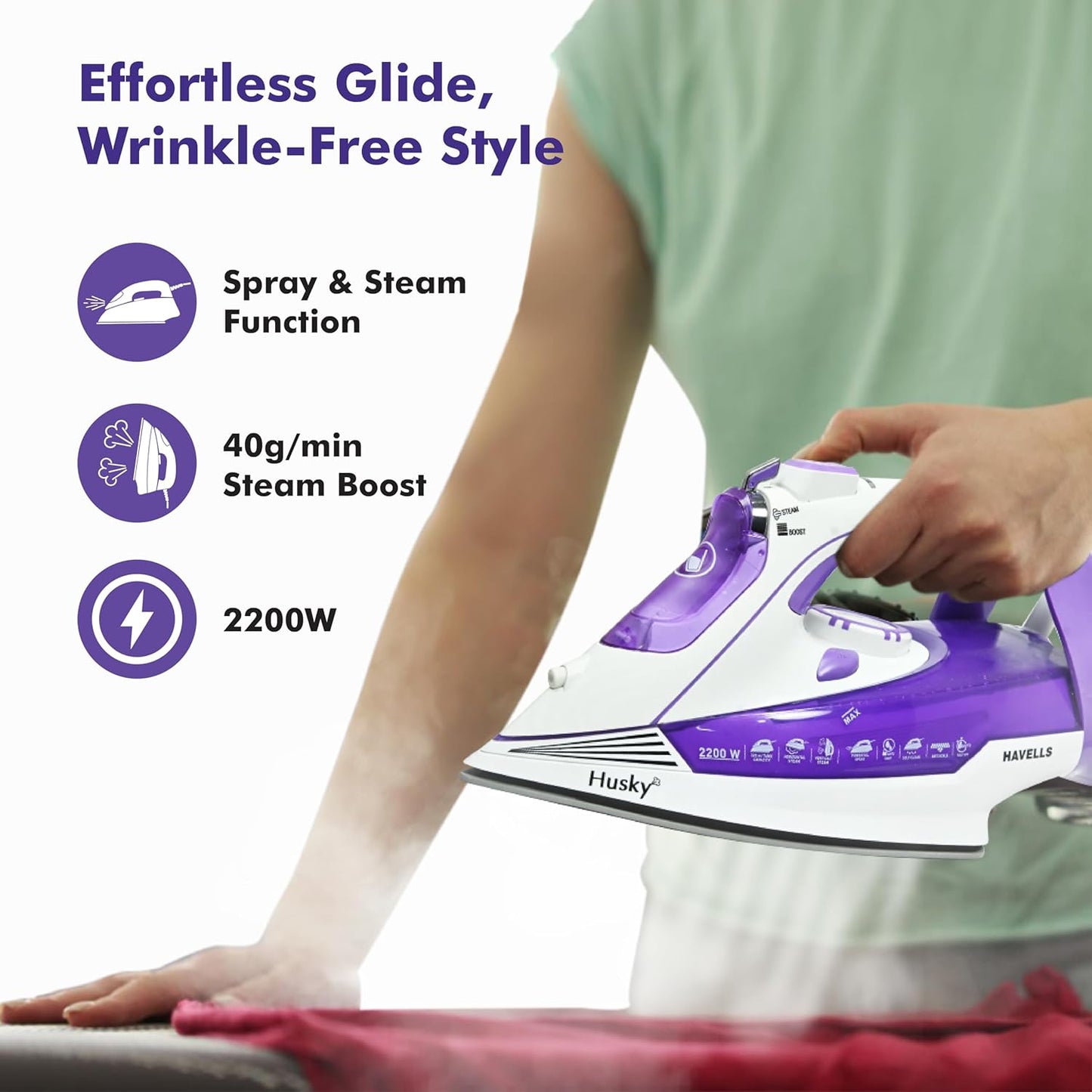 HAVELLS Husky 2200 W Steam Iron with Auto Shut Off, Steam Boost, Vertical, Horizontal Ironing, Anti Drip, Self-Cleaning & Anti Calc Technology (Purple)