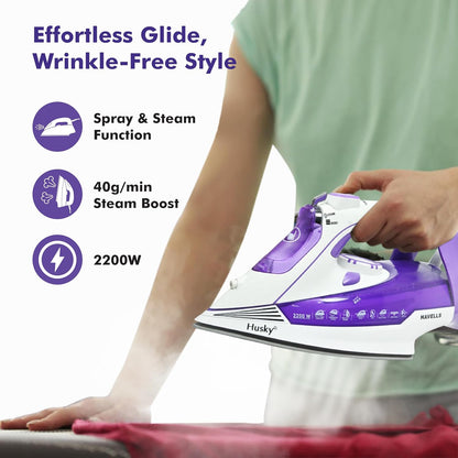 HAVELLS Husky 2200 W Steam Iron with Auto Shut Off, Steam Boost, Vertical, Horizontal Ironing, Anti Drip, Self-Cleaning & Anti Calc Technology (Purple)