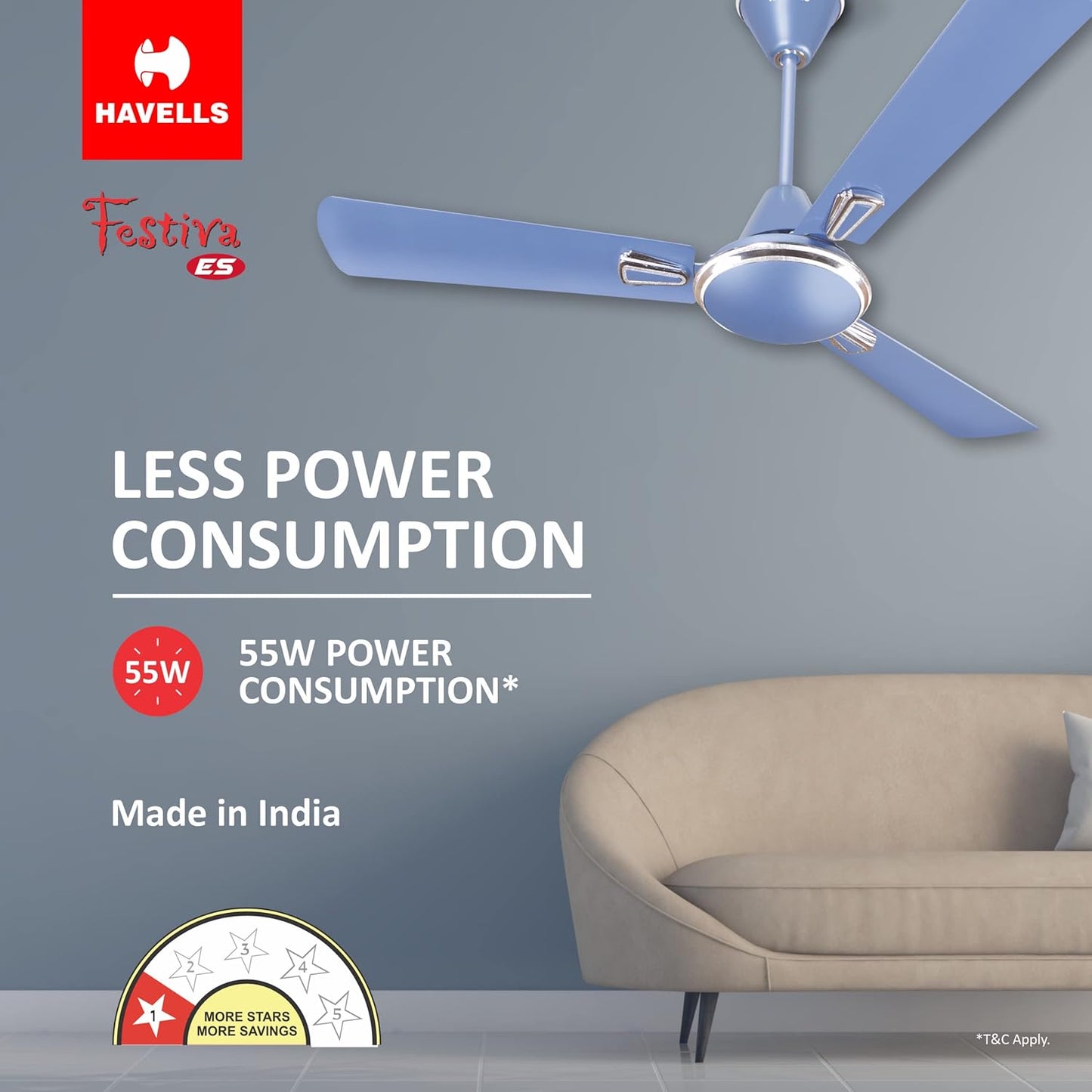 Havells 1200mm Festiva ES Ceiling Fan | Premium Finish, Decorative Fan, Elegant Looks, High Air Delivery, Energy Saving, 100% Pure Copper Motor | 2 Year Warranty | (Pack of 2, Ocean Blue)