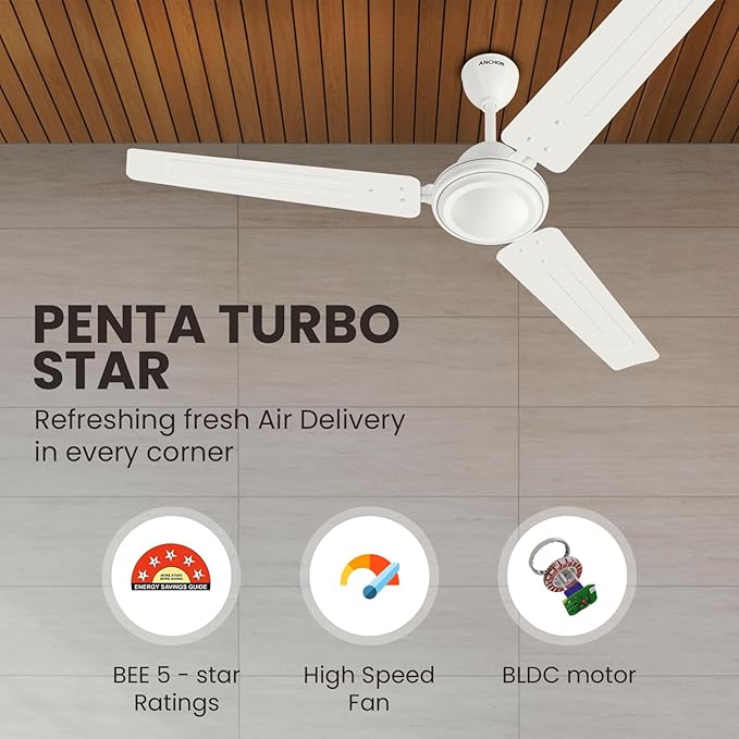 Anchor by Panasonic Penta Turbo High Speed Bldc Ceiling Fan With Remote | 5 Stars Rated 1200Mm (48 Inch) Ceiling Fan For Home (2 Yrs Warranty) (White, 14992Chw)