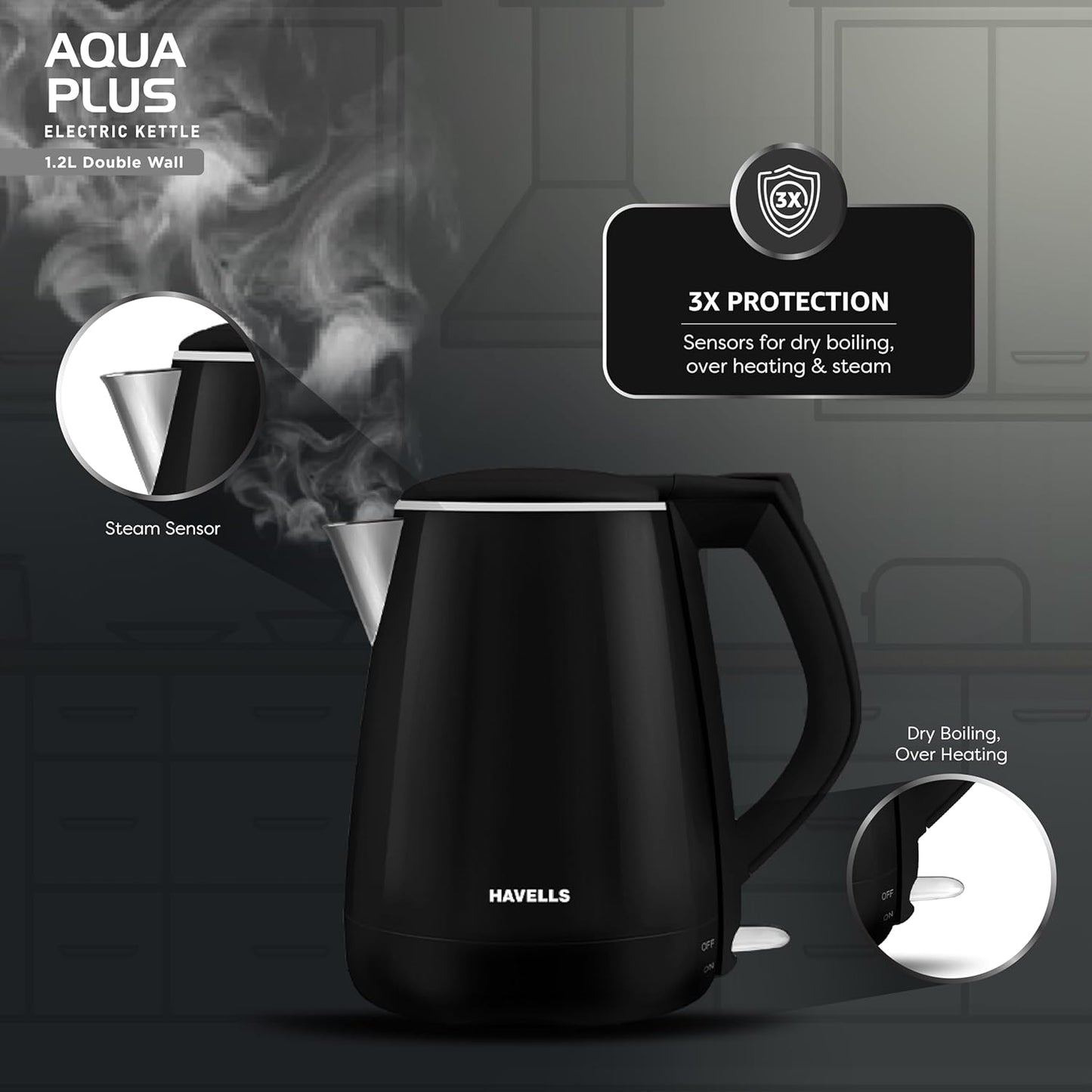 Havells Aqua Plus Electric Kettle 1.2 Litre, 1250 Watt | 304 Stainless Steel Inner Body | Cool Touch Body | Auto Shut-Off |Wider Mouth|2 Years Door Step Warranty by Havells (Black)