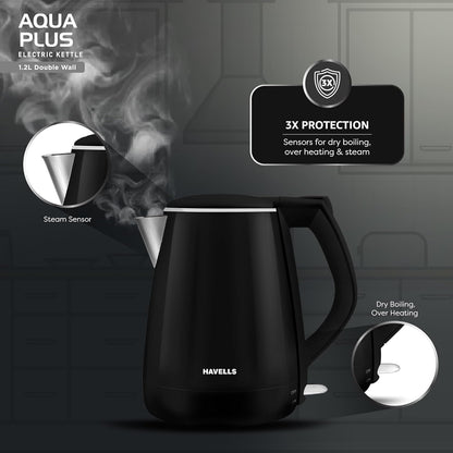 Havells Aqua Plus Electric Kettle 1.2 Litre, 1250 Watt | 304 Stainless Steel Inner Body | Cool Touch Body | Auto Shut-Off |Wider Mouth|2 Years Door Step Warranty by Havells (Black)