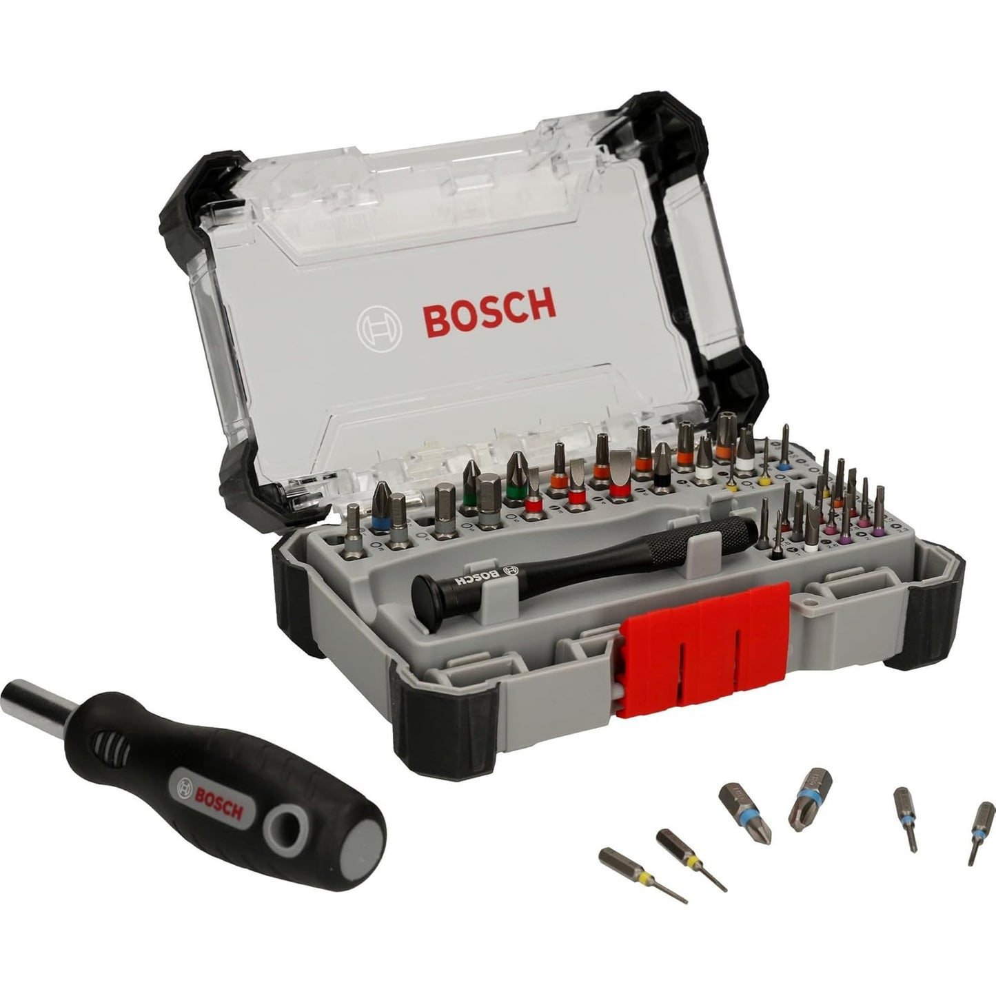 BOSCH 42-Piece Precision Bit Set | Includes Phillips, Torx, Slotted, Hex & Specialty Bits | Durable S2 Steel | Ergonomic Non-Slip Handle with 360° Rotating Cap | Magnetic Bit Holder & Compact Case