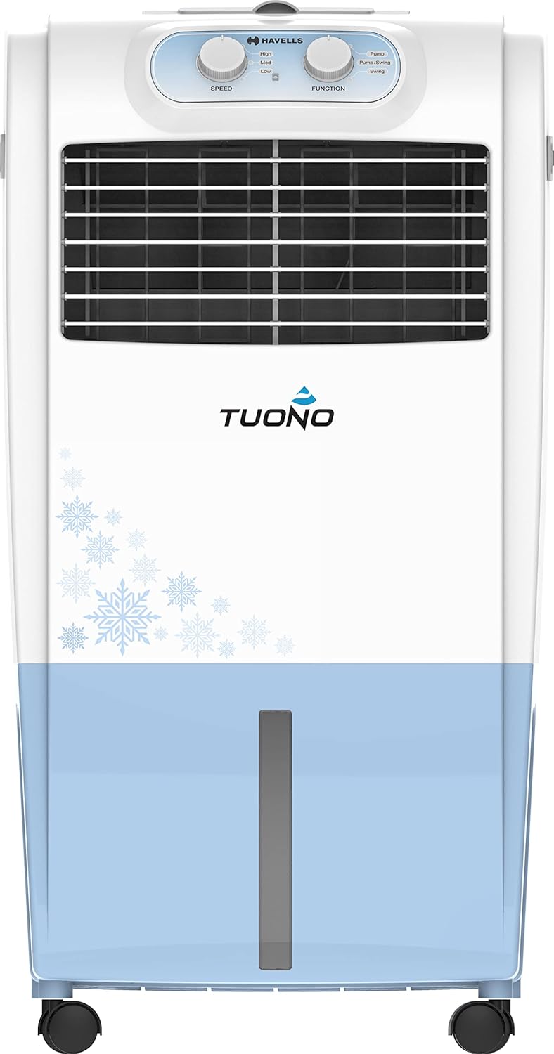 Havells Tuono 22L Personal Air Cooler for home | Powerful Air Delivery | Everlast Pump | High Density Honeycomb Pads | Dust Filter Net, Ice Chamber | Heavy Duty (White/Blue)