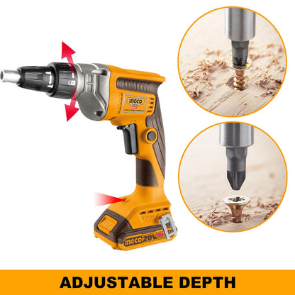 INGCO 20V Cordless Drywall Screwdriver 30Nm, Adjustable Depth, 4200RPM with 1Pcs 2.0Ah Battery and 1Pcs Charger, Packed by Carrying Case