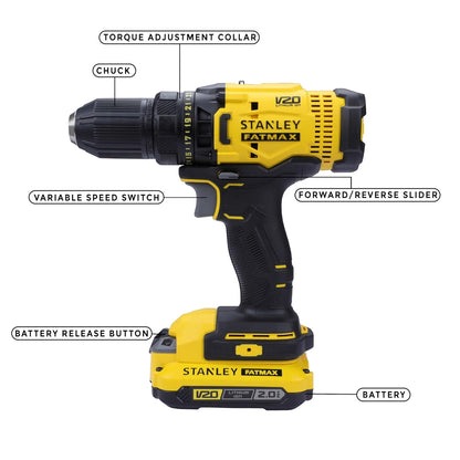 STANLEY FATMAX SCD700D2K 20V 13 mm Reversible Cordless Brushed Drill Machine Driver With 2x2.0Ah Li-ion Batteries, 1pc Charger, 2 Speed Gearbox & LED Worklight, 2 Year Warranty, YELLOW & BLACK