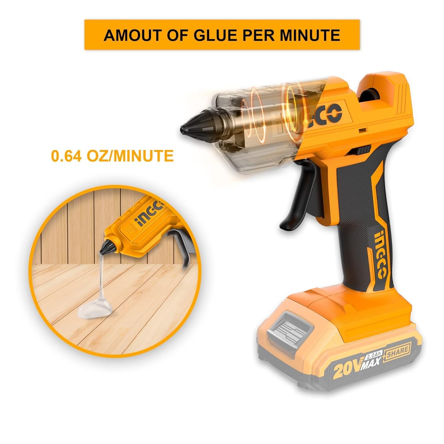 INGCO 20V Cordless Glue Gun, Battery & Charger not Included, 15-18g/min | 11.2mm Glue stick diameter | 60s Heat-up time Mini Hot Glue Gun With 3 pcs Glue Sticks for Crafts DIY Arts Home Quick Repairs