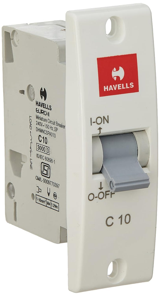 Havells DHMGCSPF010 PVC Plastic 10A MCB SP C Curve (White)