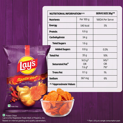 Lay's Sizzlin’ Hot Potato Chips 48g/52.9g, Crispy Wavy Chips and Snacks