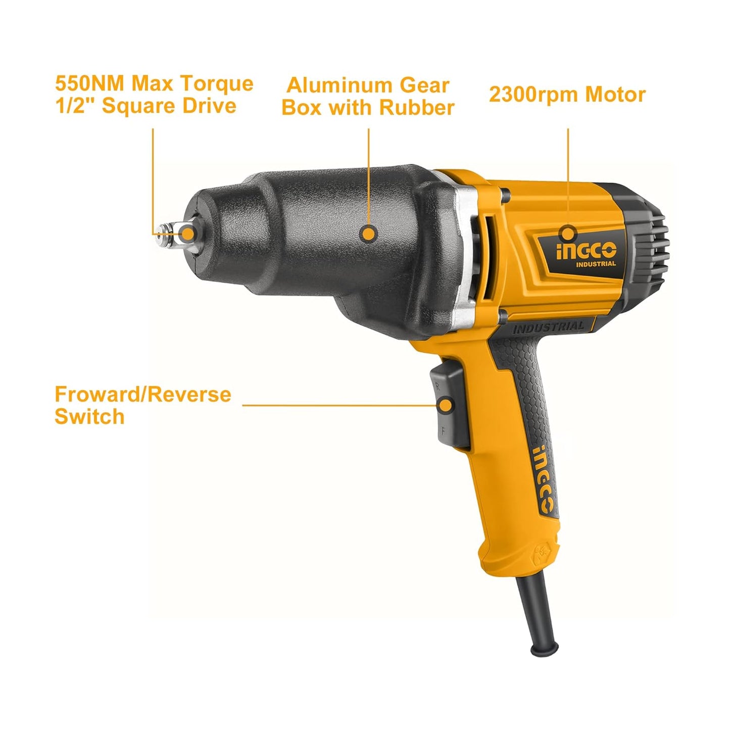 Ingco Impact Wrench, 2300rpm | 550N.M | 1/2"" Square Drive Electric Impact Wrench, Aluminum Gear Box with Rubber, Impact Wrench Tool Kit with 6pcs Sockets, 1pcs 125mm Adaptor