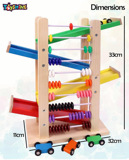 UdrCrafts® Wooden Racer Ramp Toy with 4 Car Ramps, 4 Mini Cars & Abacus – Wood Race Track for 3-5 Year, Boys & Girls –Educational Vehicle Toys- Multi Color