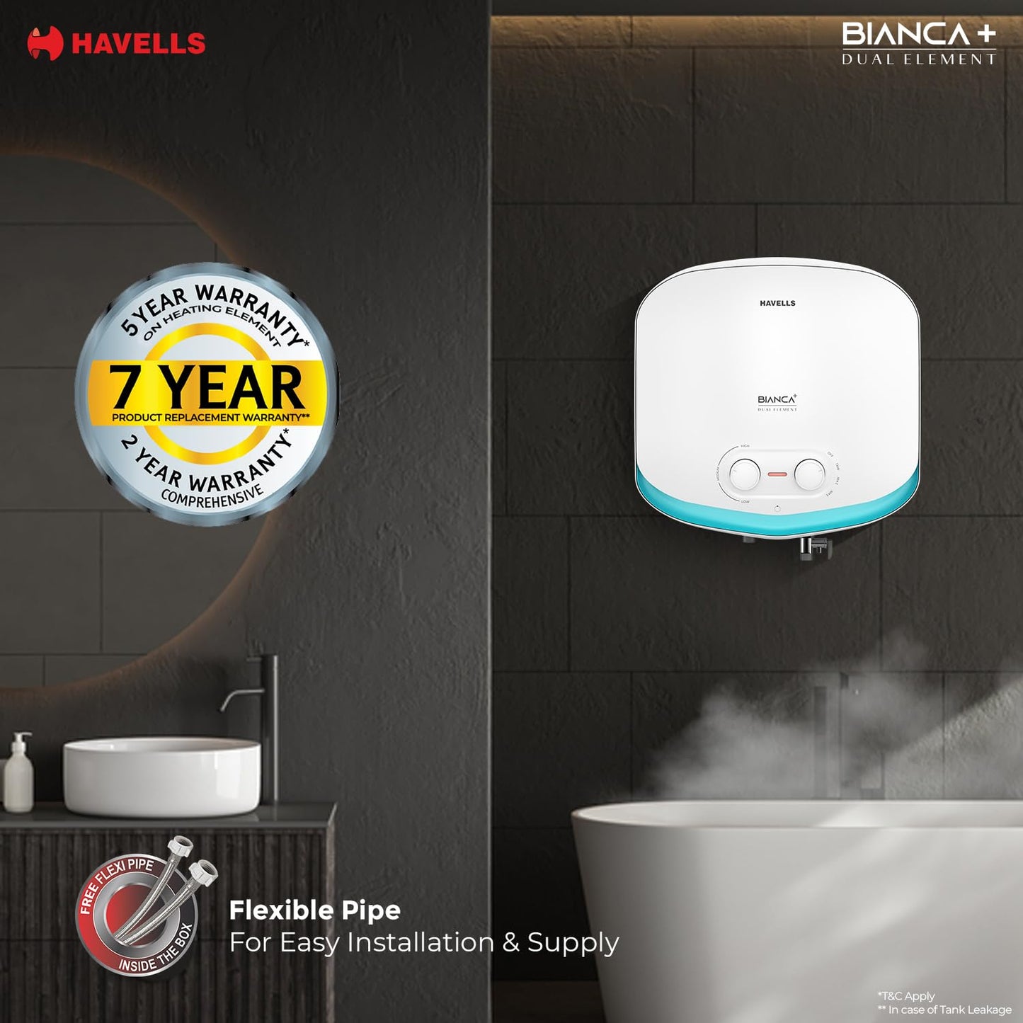 Havells All New Bianca+ 10L 5 Star 3-in-1 Convertible Storage Water Heater(Geyser)|Dual Element|33% Fast Heating|Shock Safe Plug|7 Year Tank & 5 Year element Warranty|Free Installation & Flexi pipe