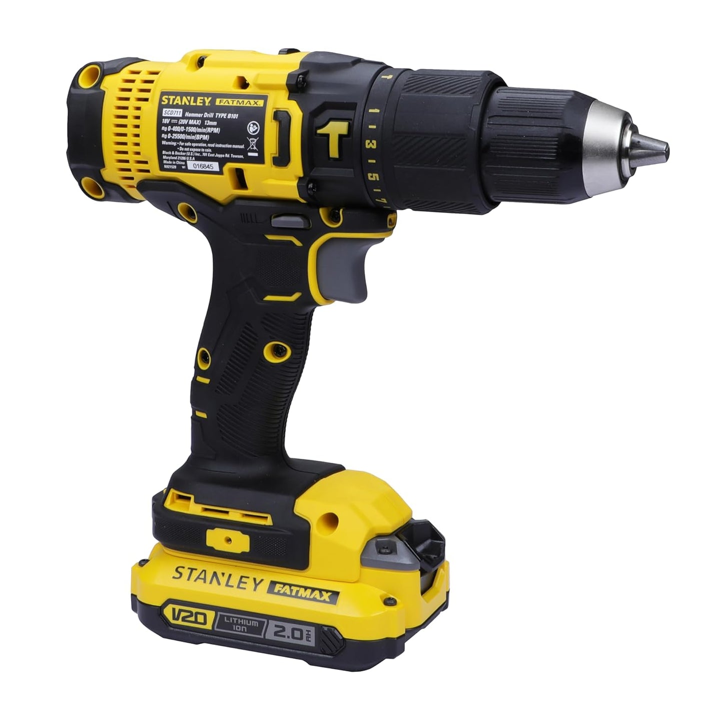 STANLEY FATMAX SCD711D2KA-B1 20V 2.0Ah 13mm Reversible Cordless Brushed Hammer Drill With 100pcs Accessories Kit 2x2.0Ah Li-ion Batteries 1pc Charger 2-Speed Gearbox, 2 Year Warranty, YELLOW & BLACK
