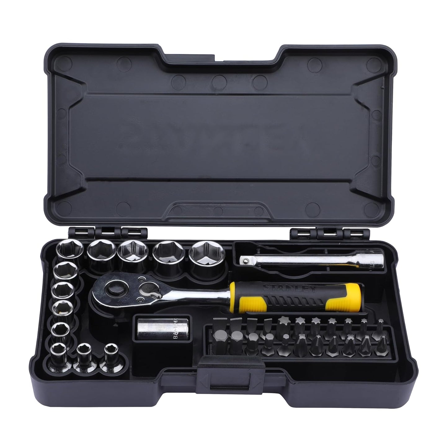 STANLEY STMT82672-0 1/4" 37-PIECE Chrome Compact Socket Set, Comes with Heavy-Duty Plastic Case, Ideal for Home, DIY, Industrial & Professional Use, Used for Screwing & Tightening Applications, BLACK