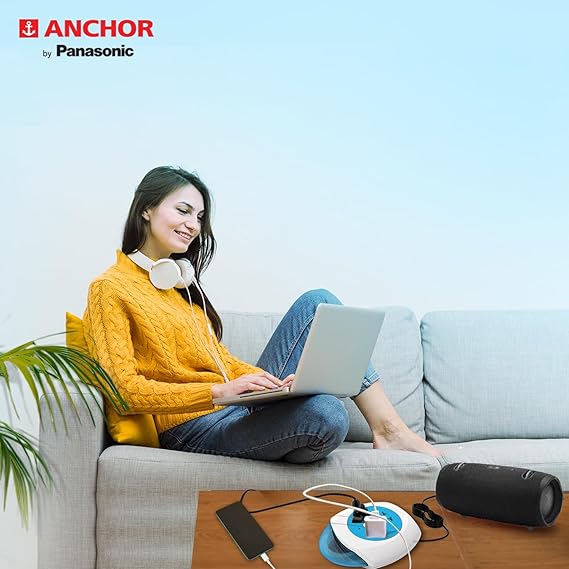 ANCHOR By Panasonic 6A Flexi Cord 3 Pin 4 Mtr Universal Socket With Indicator (Blue & White), Round, 240 Volts