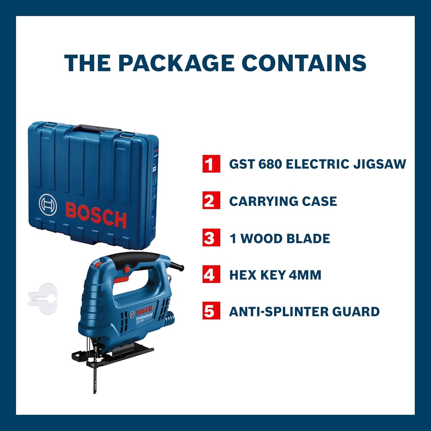 BOSCH GST 680 Corded Electric Jigsaw | 500W Motor | Stroke rate at No Load- 800-3100 spm | Cutting Depth 68mm | Lightweight & Portable | 1 Wood Blade & 1 Allen Key Included| 1 Yr Warranty