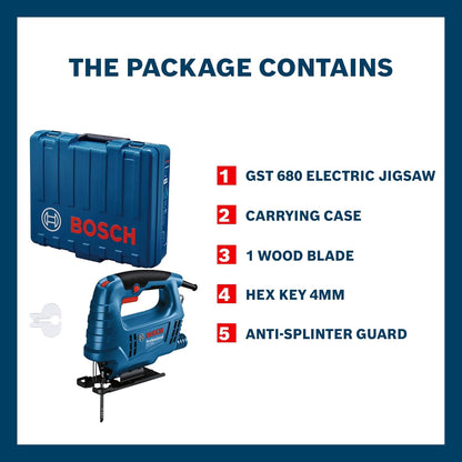 BOSCH GST 680 Corded Electric Jigsaw | 500W Motor | Stroke rate at No Load- 800-3100 spm | Cutting Depth 68mm | Lightweight & Portable | 1 Wood Blade & 1 Allen Key Included| 1 Yr Warranty