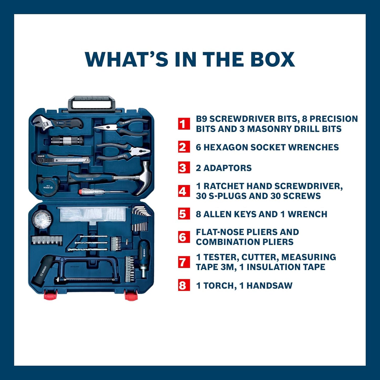 BOSCH ‎ All-in-One Hand Tool Kit, 108 Pieces, Rachet Screwdriver & Allen Key, Multiple Drill Bits, Additional Performance Tool, Blue, Hard Case