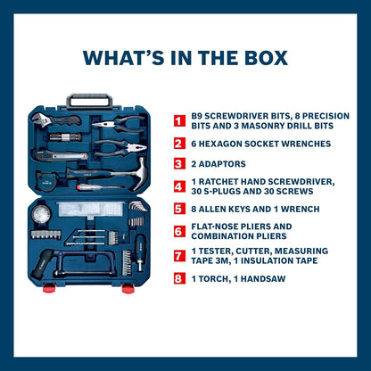 BOSCH ‎ All-in-One Hand Tool Kit, 108 Pieces, Rachet Screwdriver & Allen Key, Multiple Drill Bits, Additional Performance Tool, Blue, Hard Case