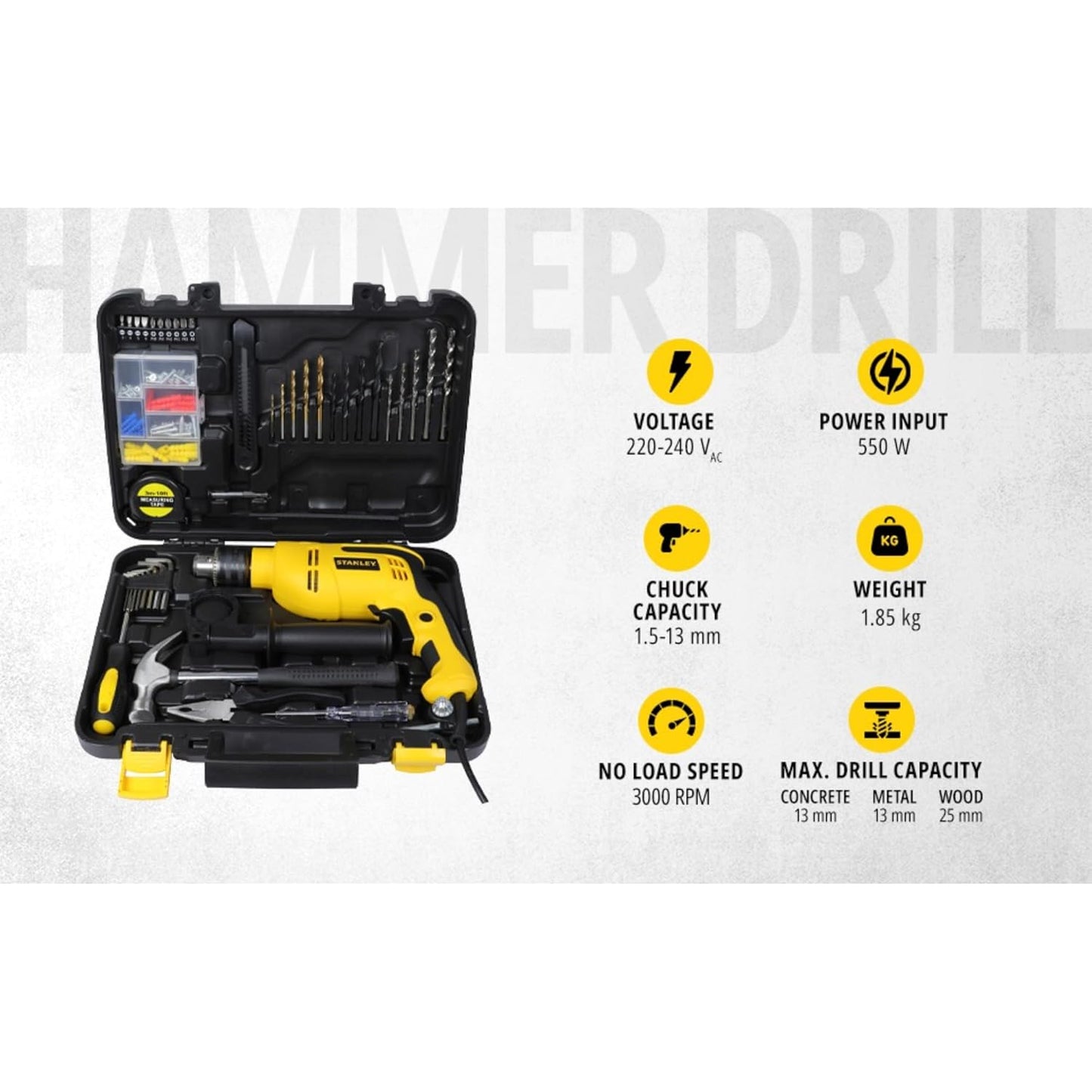 STANLEY SDH550KPA-IN 550W 13mm CORDED HAMMER DRILL MACHINE & HAND TOOL KIT for Home, DIY & Professional Use (120-PIECES) - INCLUDES Hammer Drill,Plier,Hammer,Measuring Tape & Drill Bits,1YearWarranty