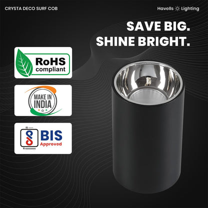 Havells Crysta Deco Surf Cob 18W 6K Chrome B,Led-Spotlights,Edge to Edge Glow with Easy Installation and Replacement,Beam Angle of 36°,Metal Body Cob with Integrated Driver,Cool Daylight (6500K)