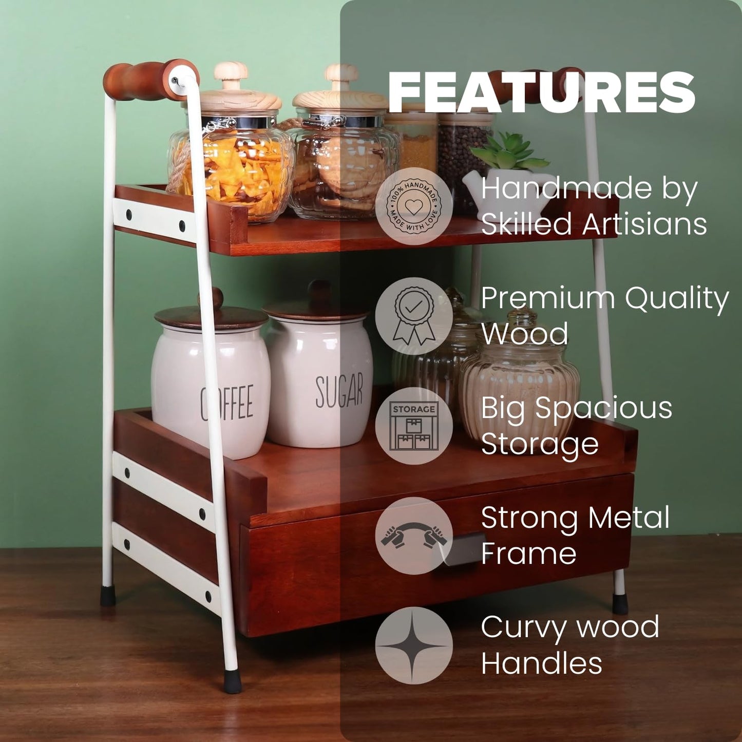 Udaipur Handicrafts Shelf Rack,(26.6D x 45.7W x 45.7H Cm) Handcrafted Organizer with Drawer| Multi-Purpose| Kitchen Rack Countertop| Wooden Spice Rack| Wooden Kitchen Organizer
