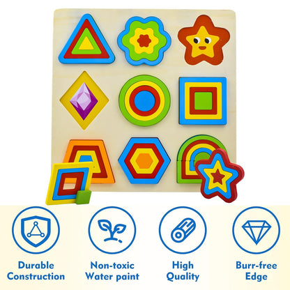 Udaipur HandiCrafts Wooden Shapes Puzzle Learning Toy, Montessori Brain Teaser Puzzle Board with 9 Geometric Shapes, Interactive Game Educational Toys for Kids, Multicolour, 3+ Years (Pack of 1)