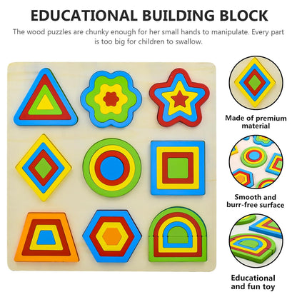 Udaipur HandiCrafts Wooden Shapes Puzzle Learning Toy, Montessori Brain Teaser Puzzle Board with 9 Geometric Shapes, Interactive Game Educational Toys for Kids, Multicolour, 3+ Years (Pack of 1)