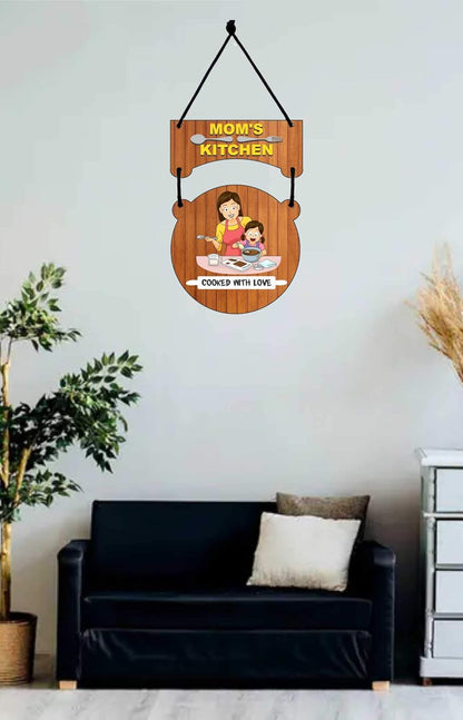 Udaipur Handicrafts Mom's Kitchen Printed Home Wall Door Sign Hanging Board Wooden (8.5inch x 11inch)